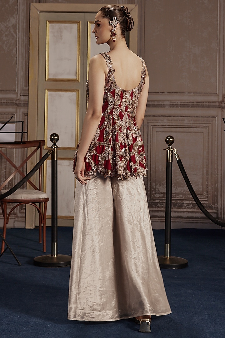 Silver Foil Tissue Flared Palazzo Set by Ridhima Bhasin at Pernia's Pop Up Shop