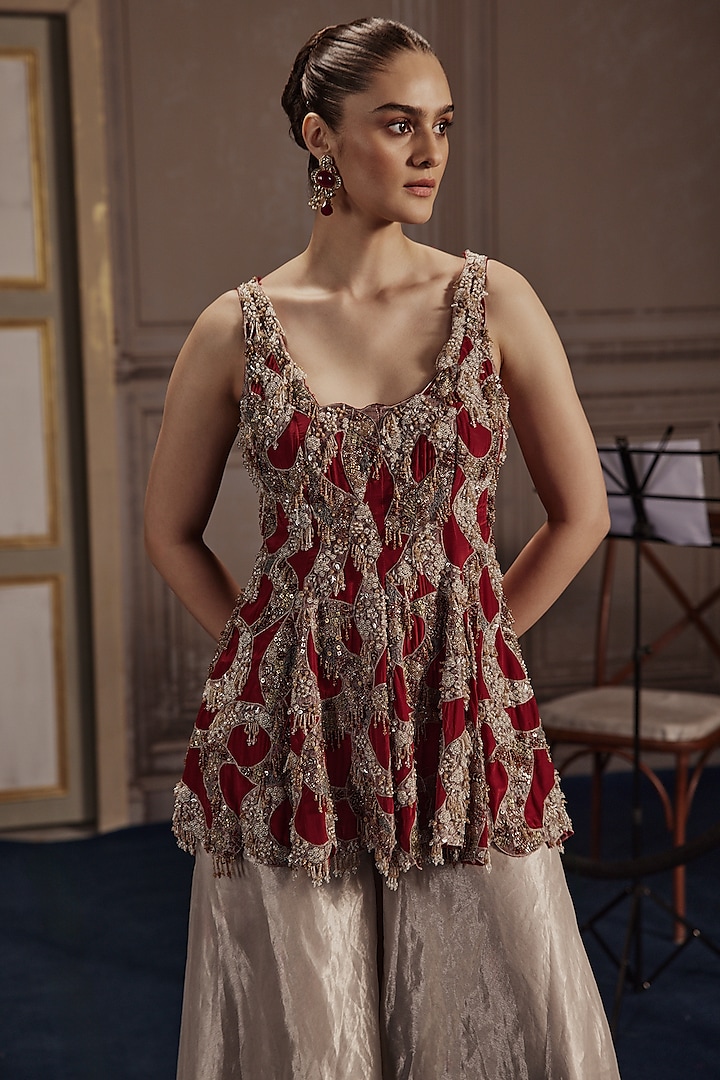 Silver Foil Tissue Flared Palazzo Set by Ridhima Bhasin at Pernia's Pop Up Shop