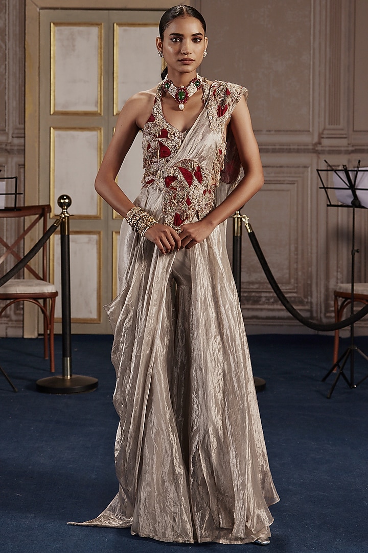 Silver Foil Tissue Flared Palazzo Set by Ridhima Bhasin at Pernia's Pop Up Shop