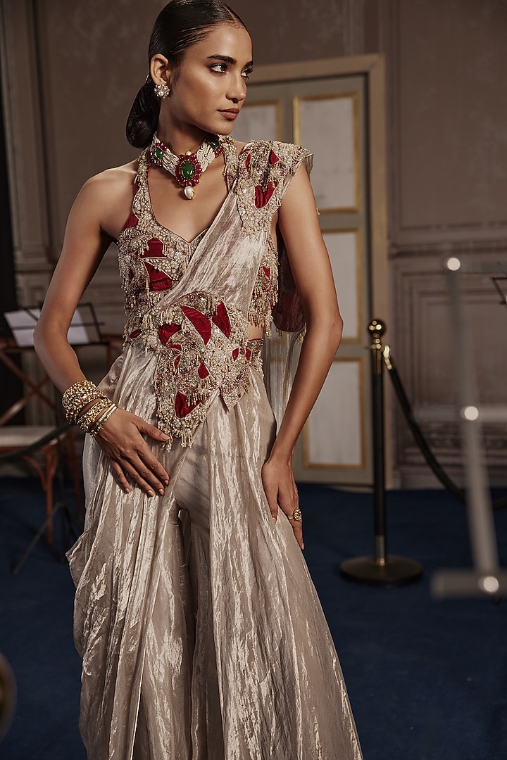 Silver Foil Tissue Flared Palazzo Set by Ridhima Bhasin at Pernia's Pop Up Shop