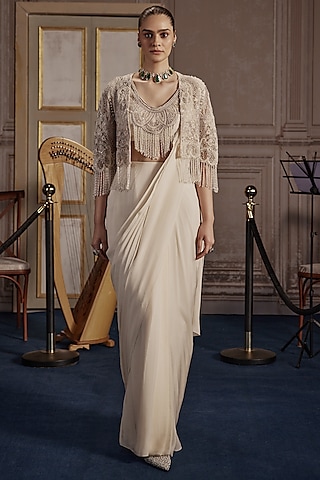Ivory Flat Chiffon Pre- Draped Saree Set by Ridhima Bhasin