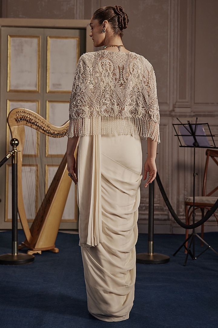 Ivory Flat Chiffon Pre- Draped Reception Saree Set by Ridhima Bhasin at Pernia's Pop Up Shop
