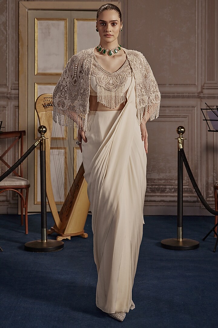 Ivory Flat Chiffon Pre- Draped Reception Saree Set by Ridhima Bhasin at Pernia's Pop Up Shop