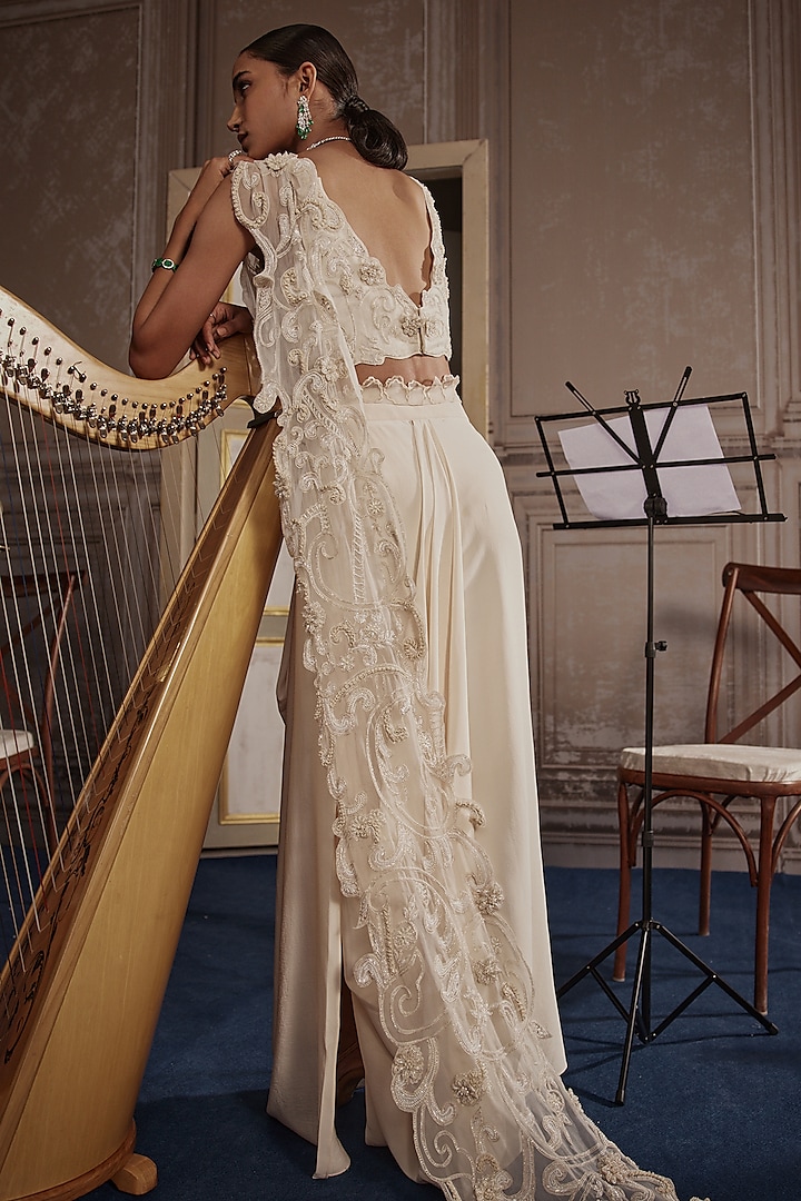 Ivory Crepe Draped Skirt Set by Ridhima Bhasin at Pernia's Pop Up Shop