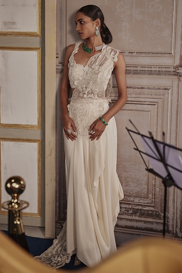 Ivory Crepe Draped Skirt Set by Ridhima Bhasin at Pernia's Pop Up Shop
