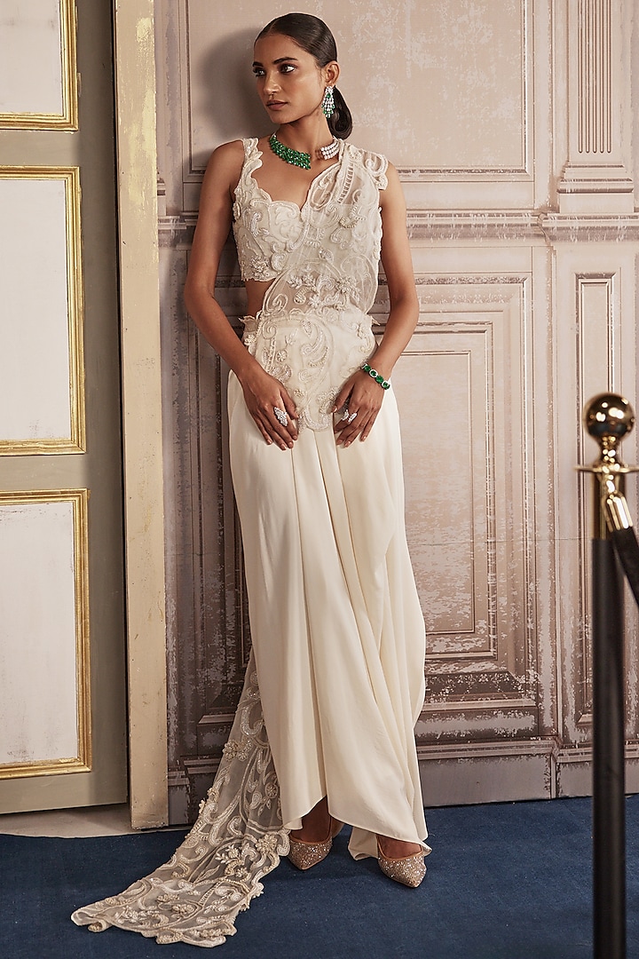 Ivory Crepe Draped Skirt Set by Ridhima Bhasin at Pernia's Pop Up Shop