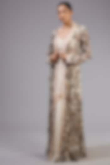 Ivory Chiffon Embroidered Jacket Pre-Draped Bridal Saree Set by Ridhima Bhasin at Pernia's Pop Up Shop