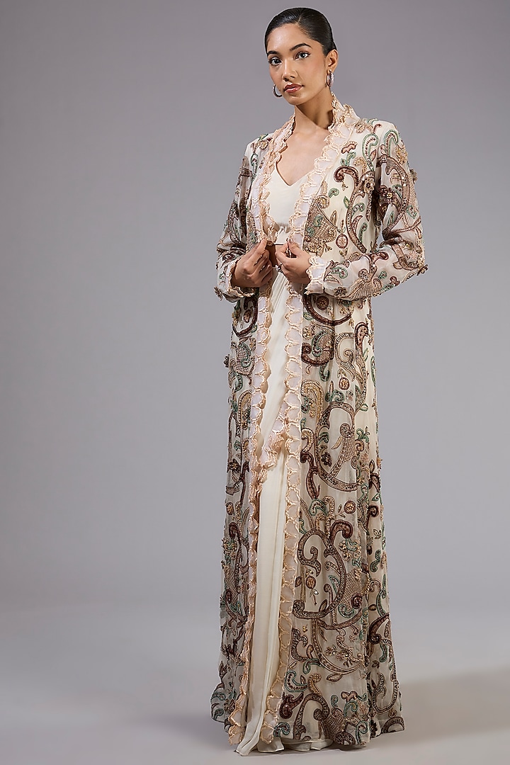 Ivory Chiffon Embroidered Jacket Pre-Draped Bridal Saree Set by Ridhima Bhasin at Pernia's Pop Up Shop