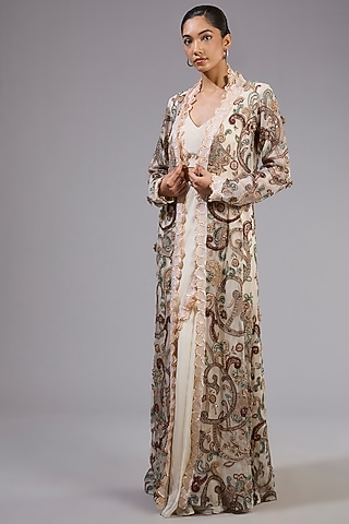 Ivory Chiffon Embroidered Jacket Pre-Draped Saree Set by Ridhima Bhasin