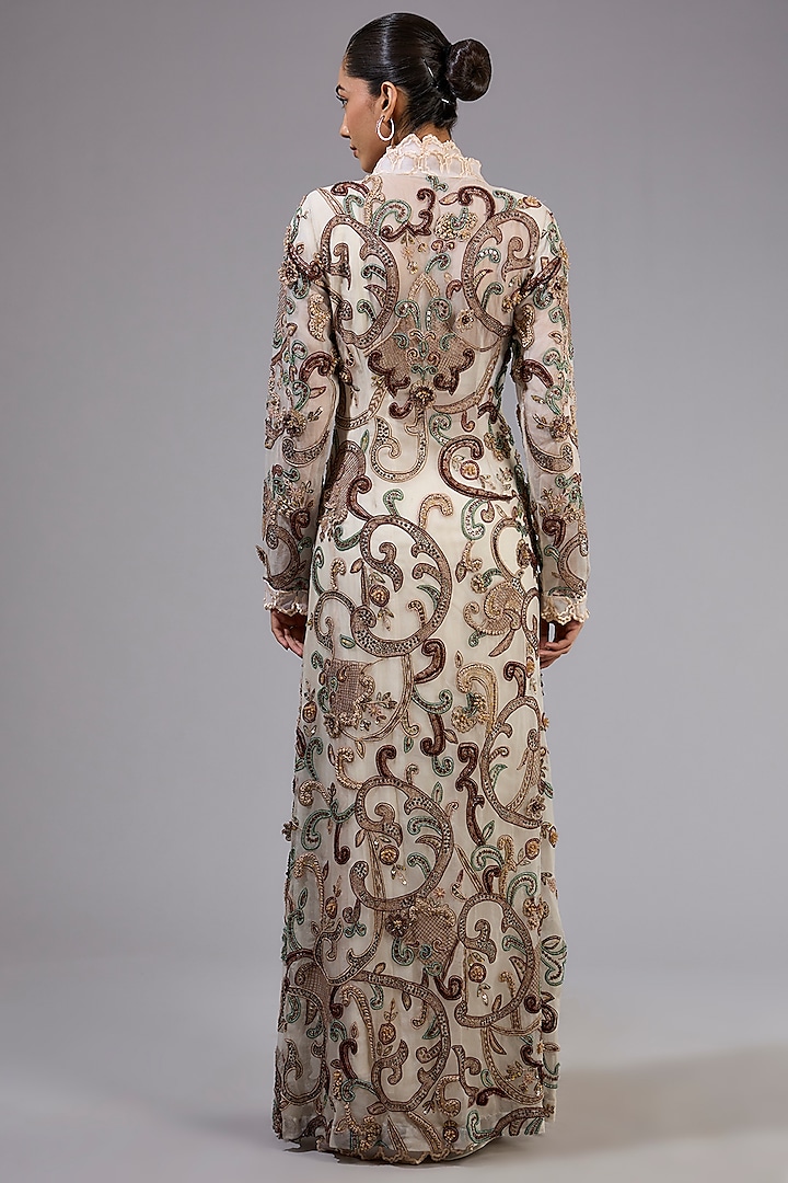 Ivory Chiffon Embroidered Jacket Pre-Draped Bridal Saree Set by Ridhima Bhasin at Pernia's Pop Up Shop