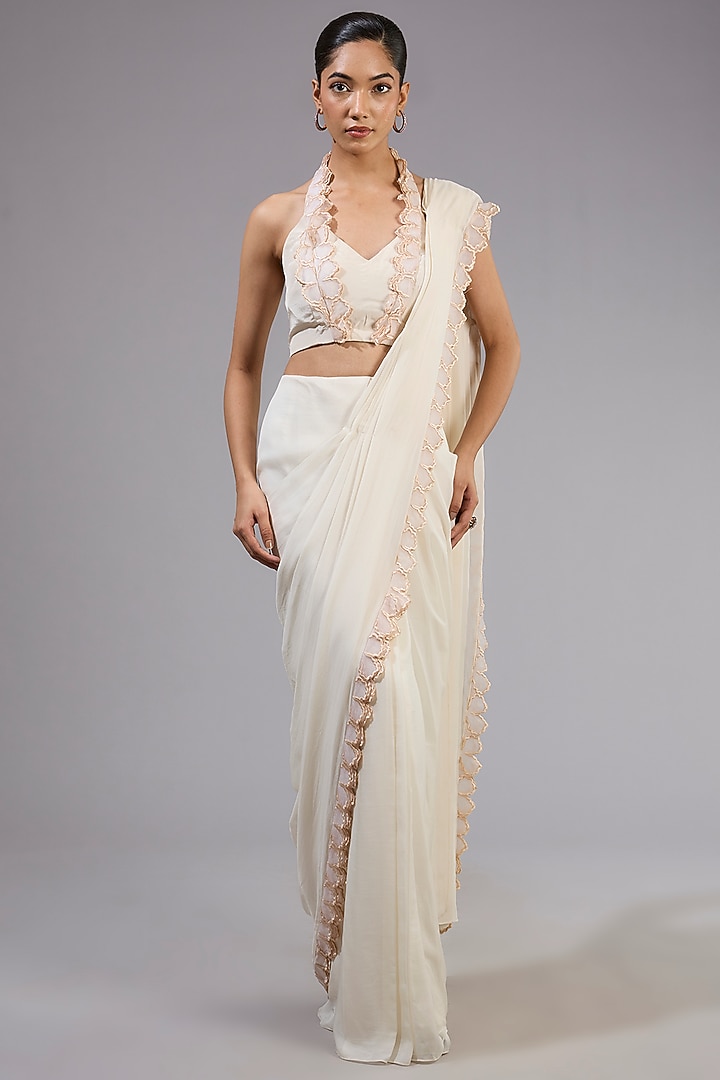 Ivory Chiffon Embroidered Jacket Pre-Draped Bridal Saree Set by Ridhima Bhasin at Pernia's Pop Up Shop