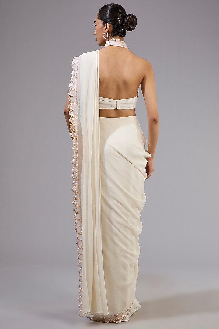 Ivory Chiffon Embroidered Jacket Pre-Draped Bridal Saree Set by Ridhima Bhasin at Pernia's Pop Up Shop