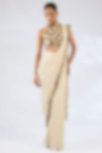 Ivory Chiffon & Crepe Reception Saree Set by Ridhima Bhasin at Pernia's Pop Up Shop