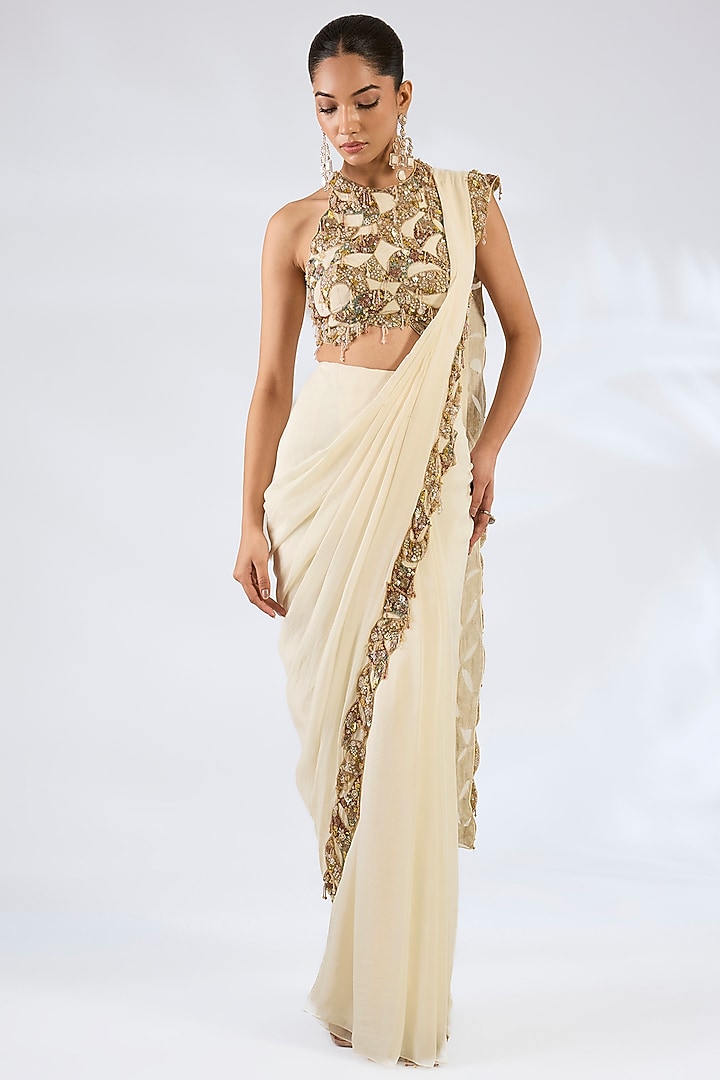 Ivory Chiffon & Crepe Reception Saree Set by Ridhima Bhasin at Pernia's Pop Up Shop