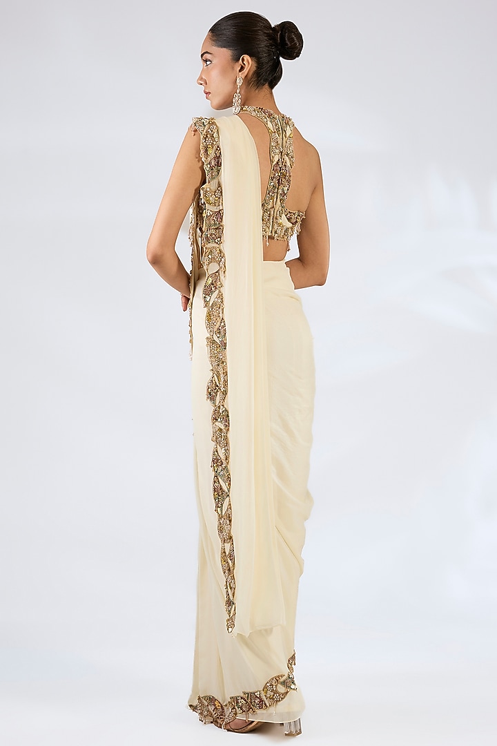 Ivory Chiffon & Crepe Reception Saree Set by Ridhima Bhasin at Pernia's Pop Up Shop
