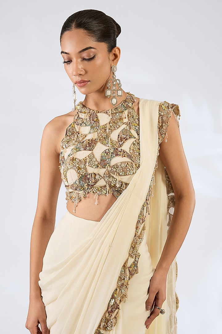 Ivory Chiffon & Crepe Reception Saree Set by Ridhima Bhasin at Pernia's Pop Up Shop