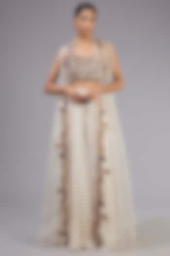 Silver Organza & Fluid Crepe Jacket Set by Ridhima Bhasin at Pernia's Pop Up Shop