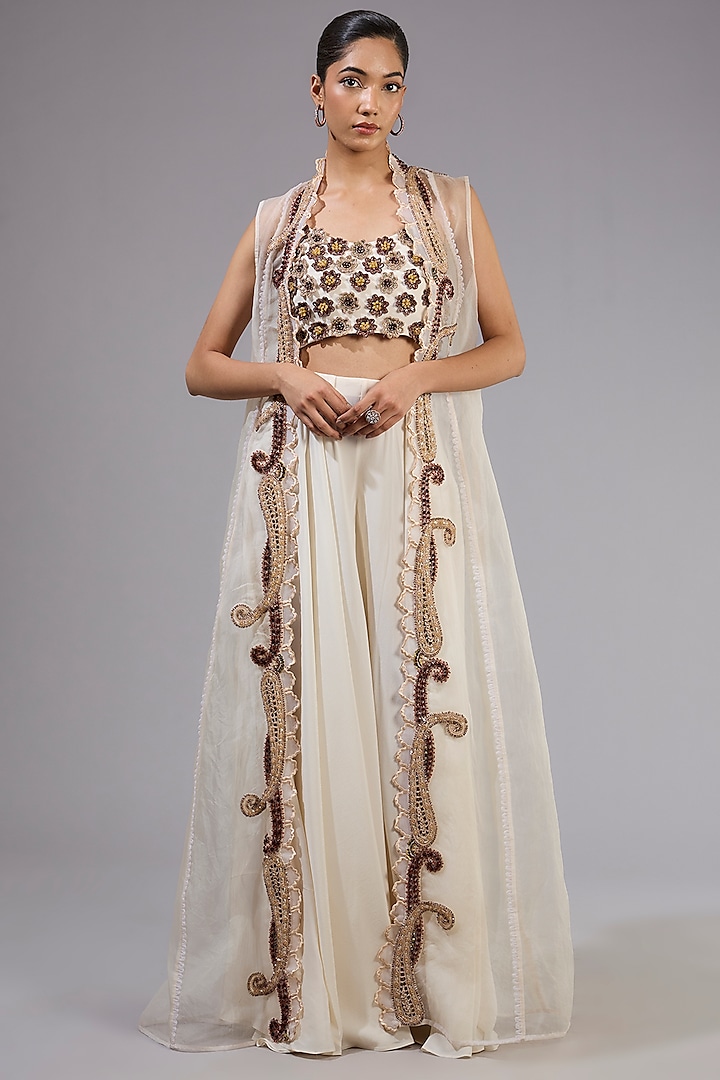 Silver Organza & Fluid Crepe Jacket Set by Ridhima Bhasin at Pernia's Pop Up Shop