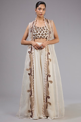 Silver Organza & Fluid Crepe Jacket Set by Ridhima Bhasin