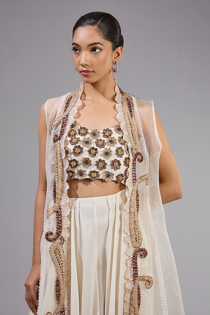 Silver Organza & Fluid Crepe Jacket Set by Ridhima Bhasin at Pernia's Pop Up Shop