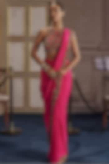 Fuchsia Chiffon & Crepe Embellished Draped Saree Set by Ridhima Bhasin at Pernia's Pop Up Shop