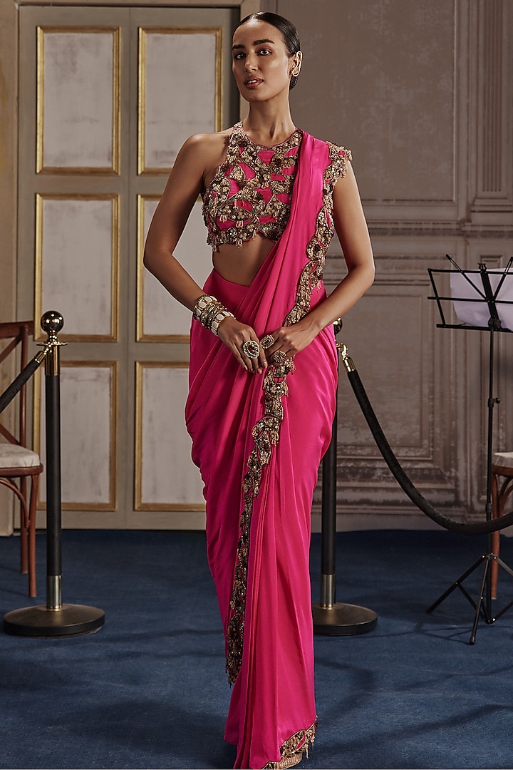 Fuchsia Chiffon & Crepe Embellished Draped Saree Set by Ridhima Bhasin at Pernia's Pop Up Shop