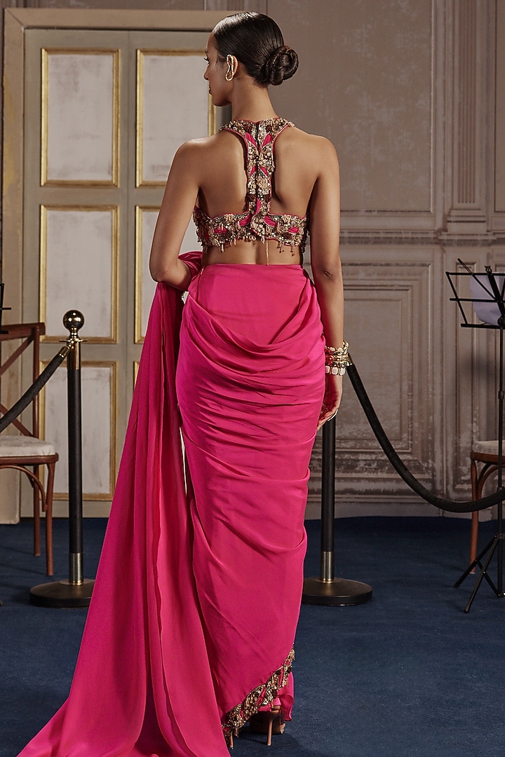 Fuchsia Chiffon & Crepe Embellished Draped Reception Saree Set by Ridhima Bhasin at Pernia's Pop Up Shop
