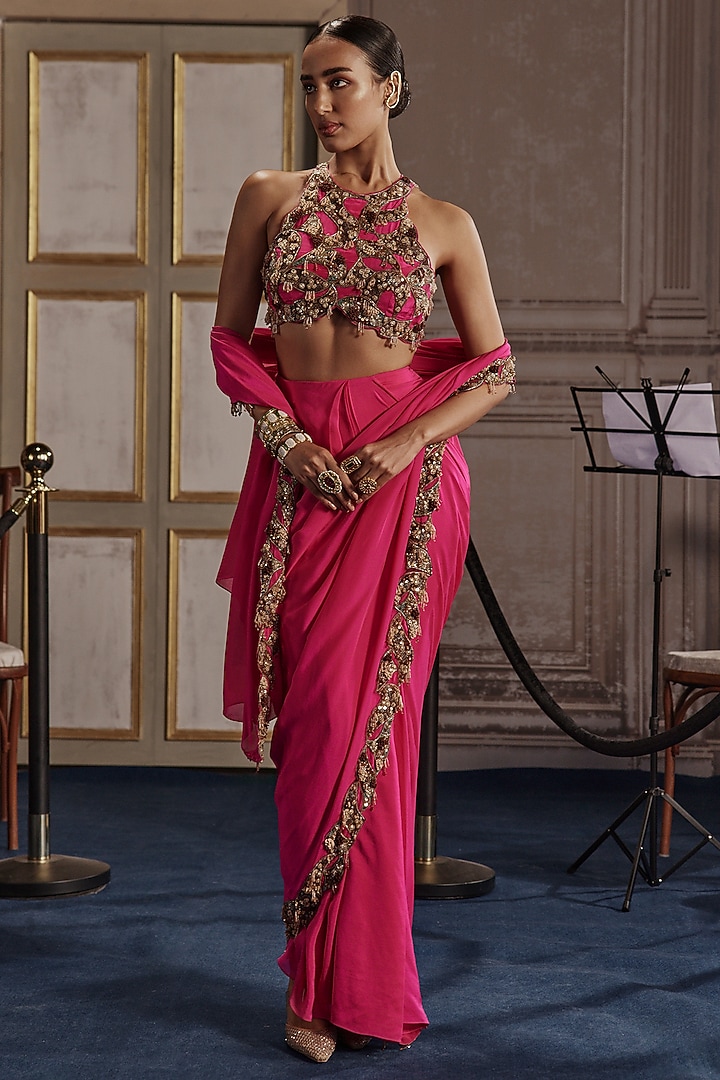 Fuchsia Chiffon & Crepe Embellished Draped Reception Saree Set by Ridhima Bhasin at Pernia's Pop Up Shop