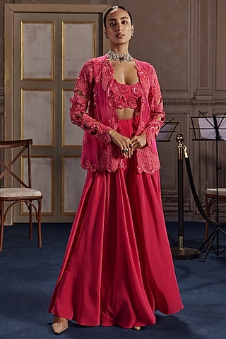 Fuchsia Organza & Crepe Embroidered Jacket Set by Ridhima Bhasin