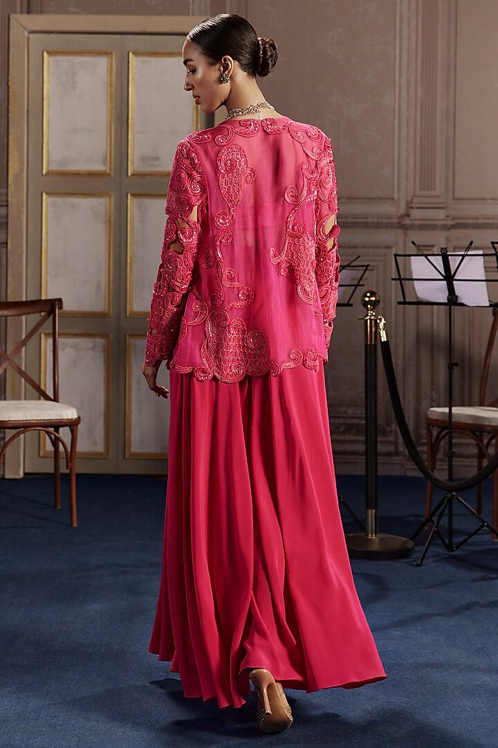 Fuchsia Organza & Crepe Embroidered Jacket Set by Ridhima Bhasin at Pernia's Pop Up Shop