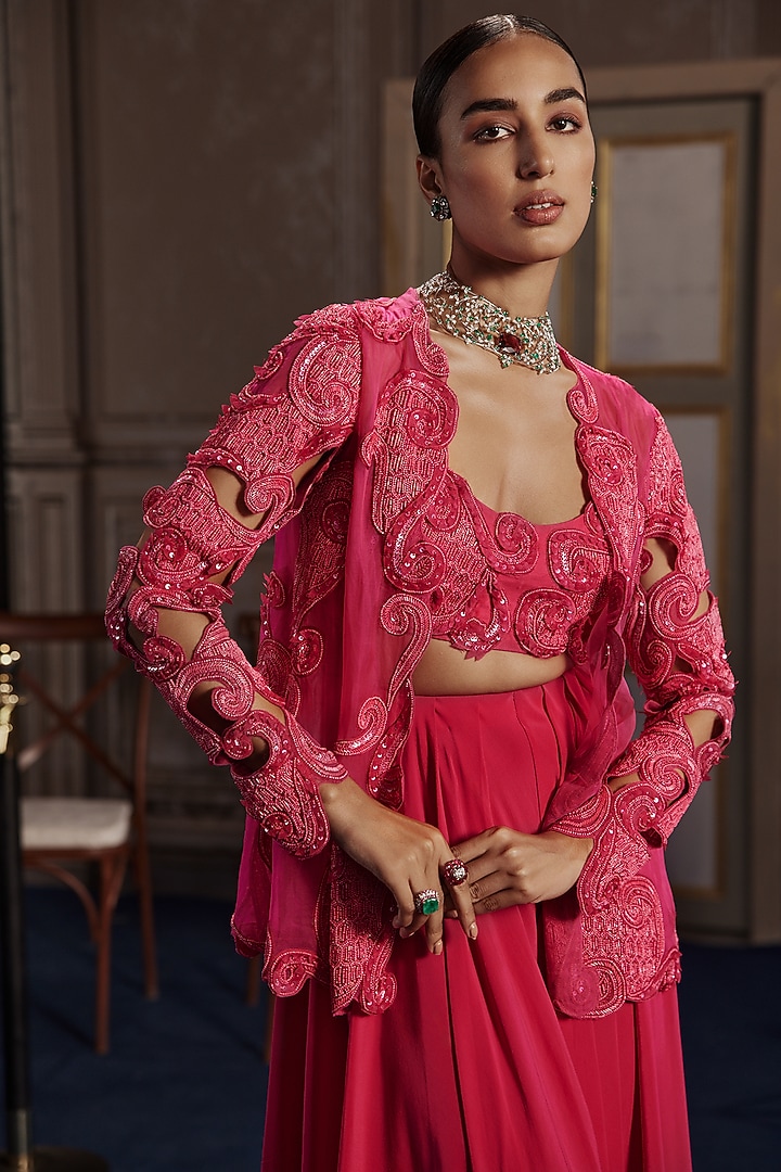 Fuchsia Organza & Crepe Embroidered Jacket Set by Ridhima Bhasin at Pernia's Pop Up Shop