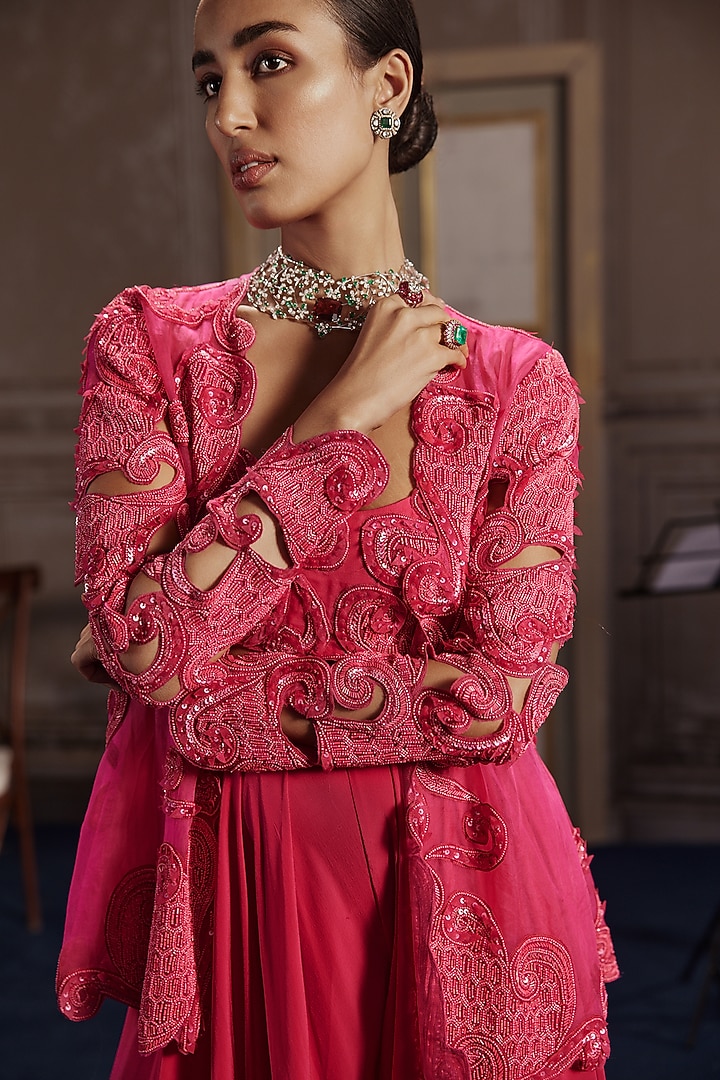 Fuchsia Organza & Crepe Embroidered Jacket Set by Ridhima Bhasin at Pernia's Pop Up Shop