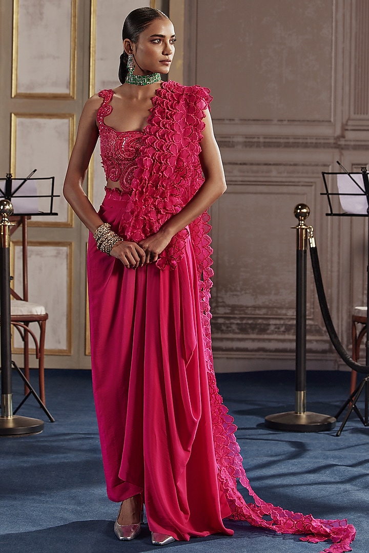 Fuchsia Organza & Crepe Draped Skirt Set by Ridhima Bhasin at Pernia's Pop Up Shop