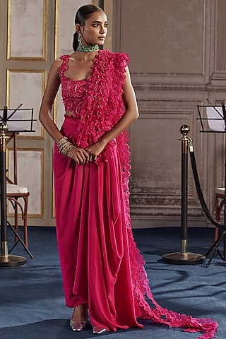 Fuchsia Organza & Crepe Draped Skirt Set by Ridhima Bhasin