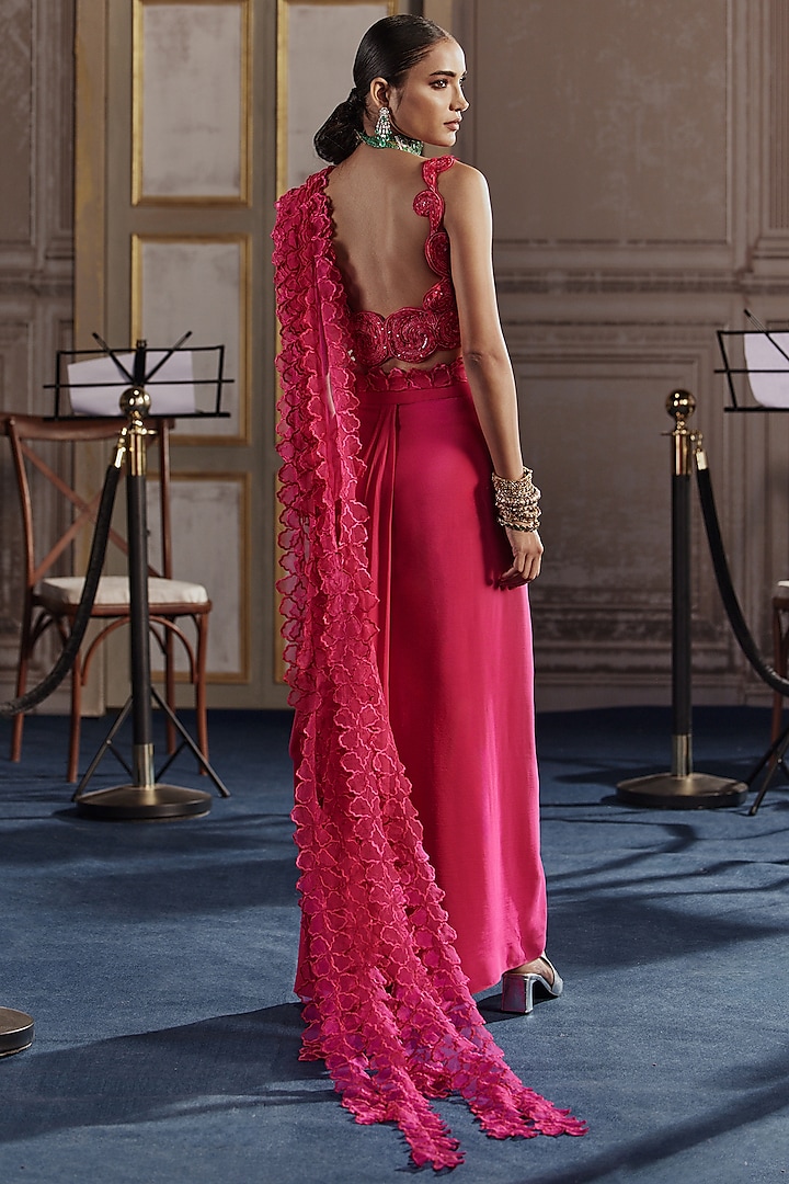 Fuchsia Organza & Crepe Draped Skirt Set by Ridhima Bhasin at Pernia's Pop Up Shop