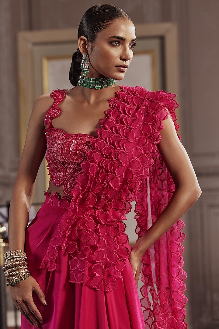 Fuchsia Organza & Crepe Draped Skirt Set by Ridhima Bhasin at Pernia's Pop Up Shop