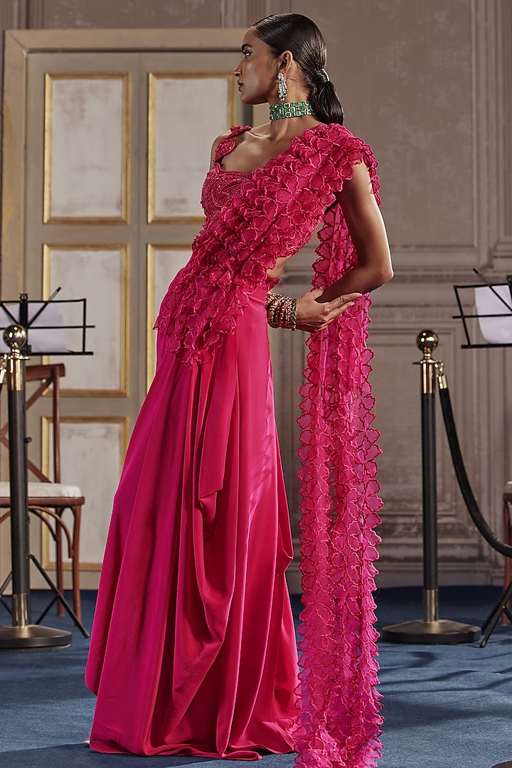 Fuchsia Organza & Crepe Draped Skirt Set by Ridhima Bhasin at Pernia's Pop Up Shop