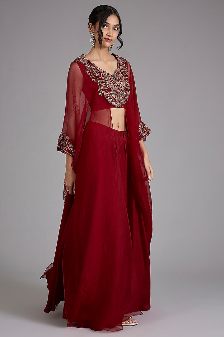 Red Organza Embellished Kurta Set by Ridhima Bhasin at Pernia's Pop Up Shop