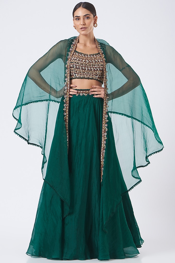 Bottle Green Organza Wedding Lehenga Set by Ridhima Bhasin at Pernia's Pop Up Shop