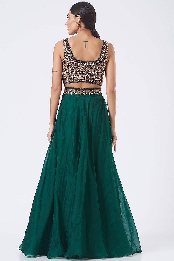 Bottle Green Organza Wedding Lehenga Set by Ridhima Bhasin at Pernia's Pop Up Shop