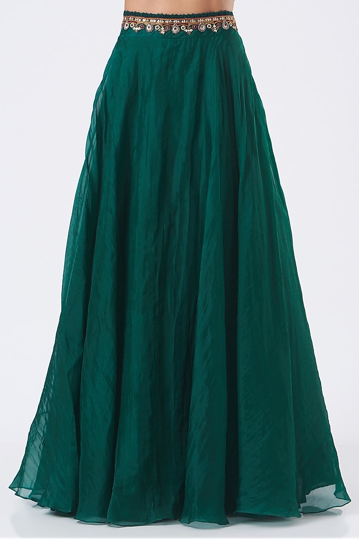 Bottle Green Organza Wedding Lehenga Set by Ridhima Bhasin at Pernia's Pop Up Shop