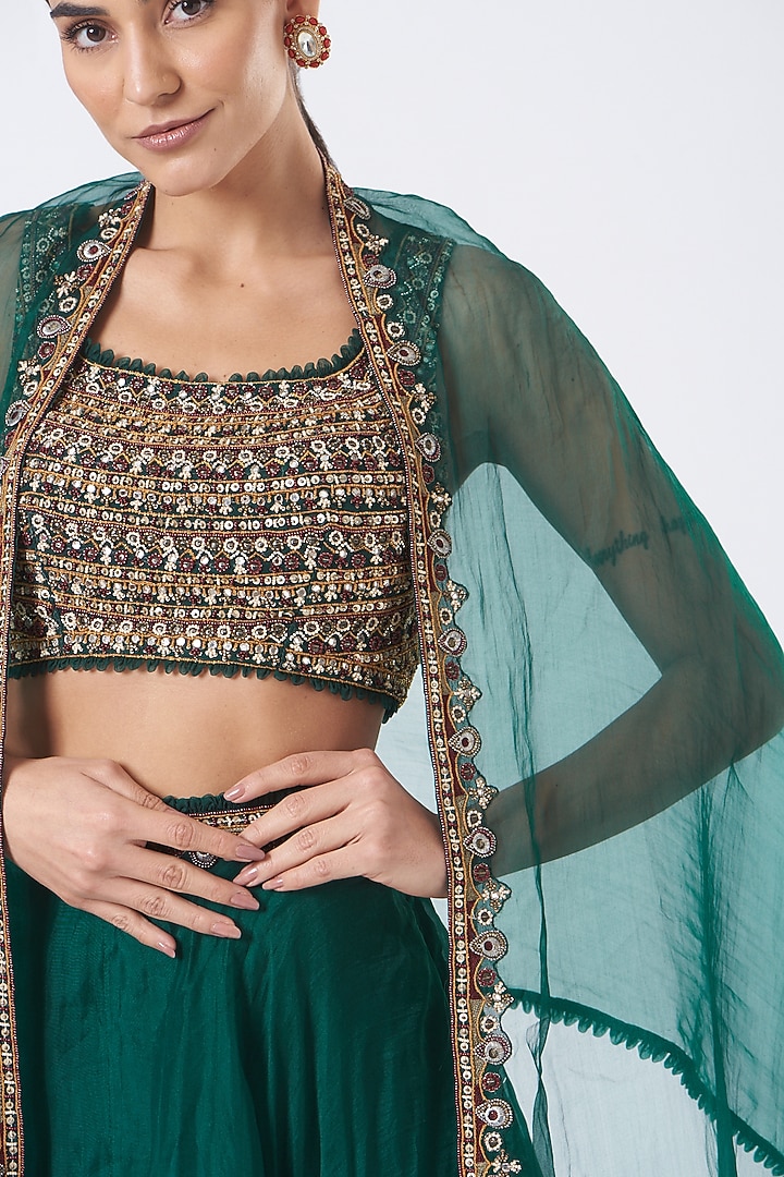 Bottle Green Organza Wedding Lehenga Set by Ridhima Bhasin at Pernia's Pop Up Shop