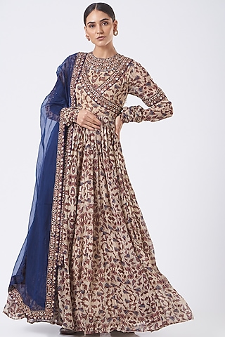 Beige Printed Anarkali Set by Ridhima Bhasin