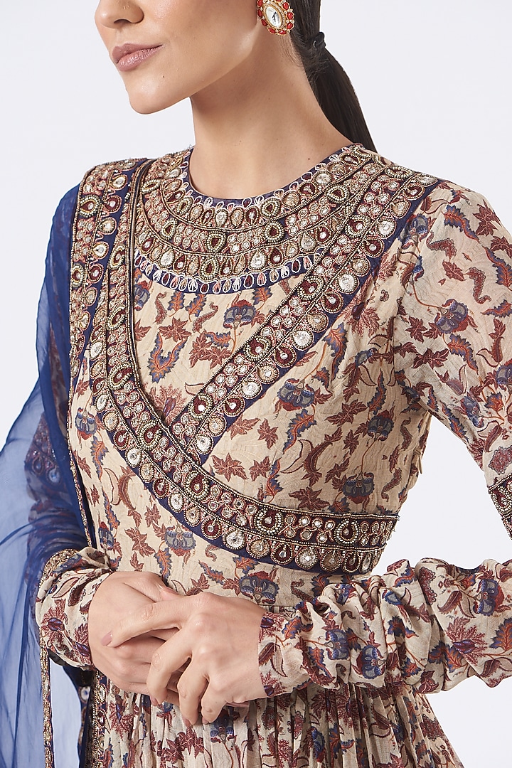 Beige Printed Wedding Anarkali Set by Ridhima Bhasin at Pernia's Pop Up Shop
