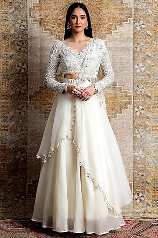 Ivory Hand & Machine Embroidered Lehenga Set by Ridhima Bhasin