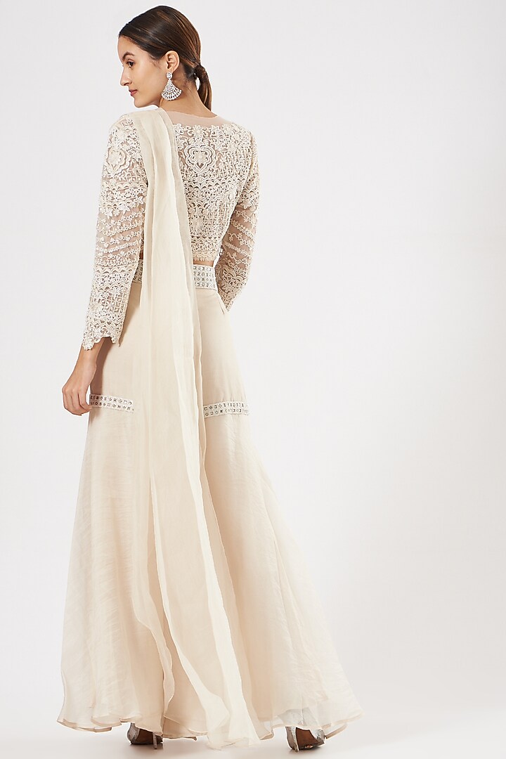 Ivory Organza & Tulle Pre-Draped Sharara Wedding Saree Set by Ridhima Bhasin at Pernia's Pop Up Shop