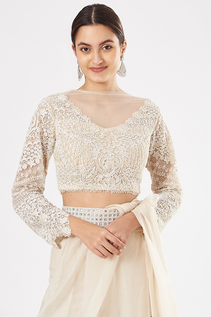 Ivory Organza & Tulle Pre-Draped Sharara Wedding Saree Set by Ridhima Bhasin at Pernia's Pop Up Shop