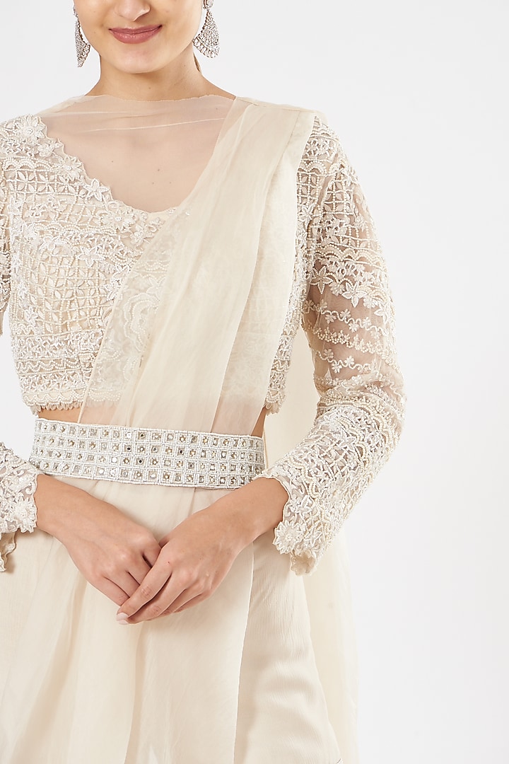 Ivory Organza & Tulle Pre-Draped Sharara Wedding Saree Set by Ridhima Bhasin at Pernia's Pop Up Shop