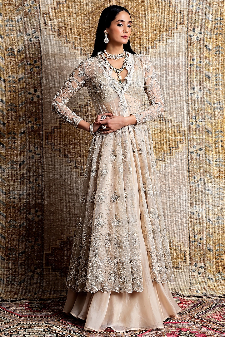 Beige Embroidered Cape Set by Ridhima Bhasin at Pernia's Pop Up Shop