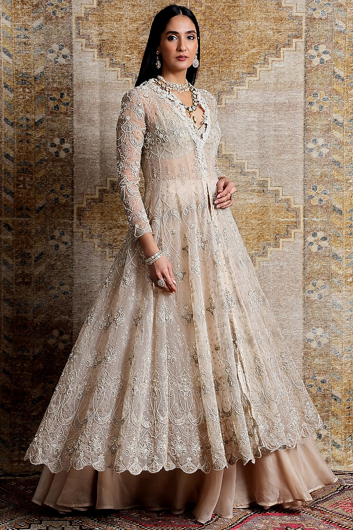 Beige Embroidered Cape Set by Ridhima Bhasin at Pernia's Pop Up Shop